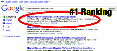 Top Google Ranking for Hawaii Reverse Mortgage Client